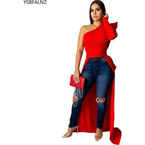 2020 Women Blouses Shoulder Sleeve Irregular Elegant Solid Female Tops Short Front Long Back Autumn Sexy Fashion Hedging Top New