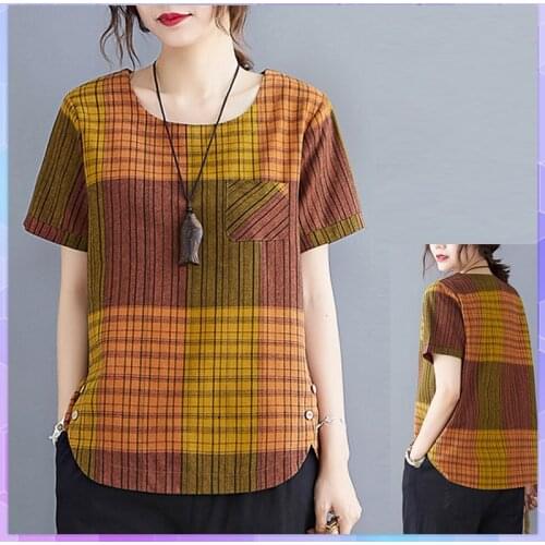 Plaid Cotton And Linen T-shirt Womens O Neck Short Sleeve Tee Shirts 2021 Summer Casual Large Size Tops Retro Plus Size Top