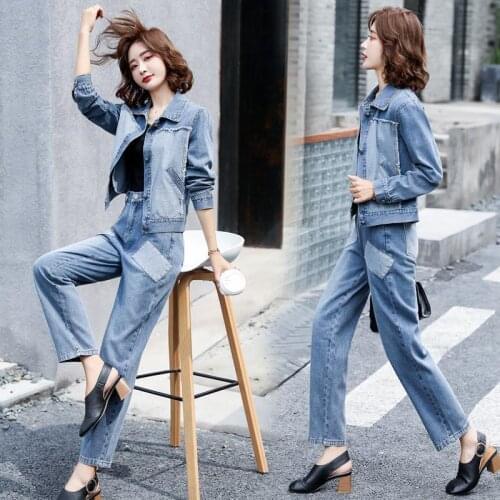 Women 2021 Spring Autumn Denim 2 Piece Set Female Jeans Pants Sets Short Jacket +High Waist Pant Suit Ladies Casual Outfits B230