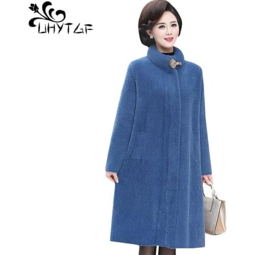 UHYTGF Womens coats quality Mink Cashmere winter wool coat Fashion mom plus size outerwear noble cashmere autumn tops jacket 454