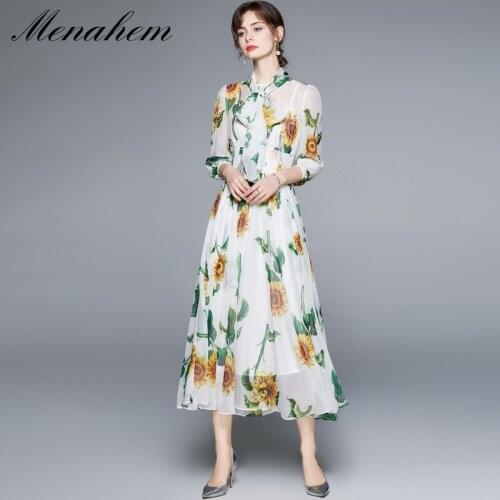 Menahem Autumn Sunflower Print Chiffon Dress Women Bow Collar Puff Sleeve Midi Vestidos Lace Up Pleated Beach Long Robe Femme
