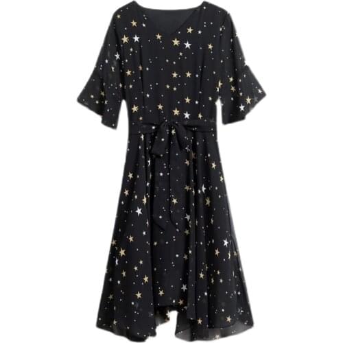 2021 Spring Summer Women V-Neck Half Sleeve Dress Fashion Geometric Five-pointed Star Print Irregular Hem Black Chiffon Dress