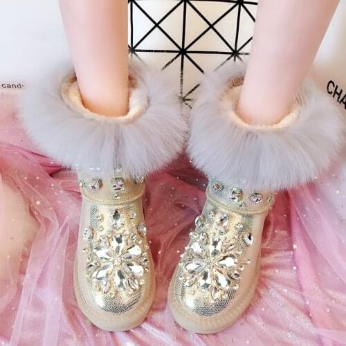 Winter luxury handmade real cowhide rhinestone fox fur snow boots fashion custom warm platform womens boots
