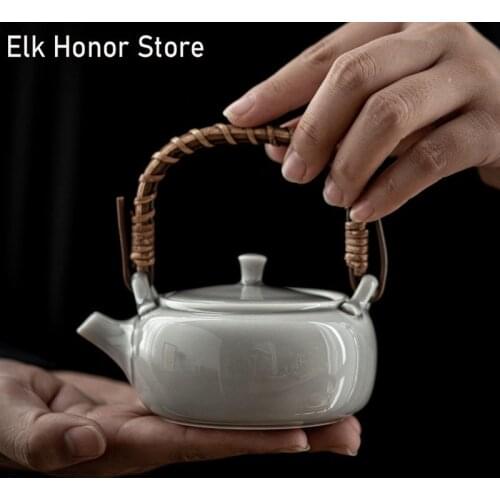 180ml Japanese Style Ice Grey Glaze Loop-handled Teapot Personal Pot Handmade Retro Tea Pot Chrysanthemum Teaware Teaware