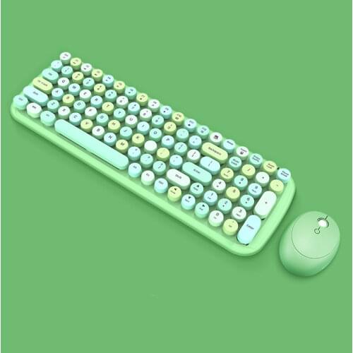 2.4G Wireless Keyboard Mouse Kit Office Girl Gift Retro Vintage Punk Colorful Round 81 Keys Cute Pink Blue Green For PC Laptop