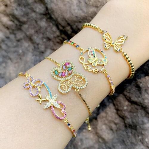 2021Tiny Trendy Cubic Zirconia Crystal Hot Butterfly Bracelet 4 Style Small Insect Adjustable Bracelet For Women Daily Jewelery