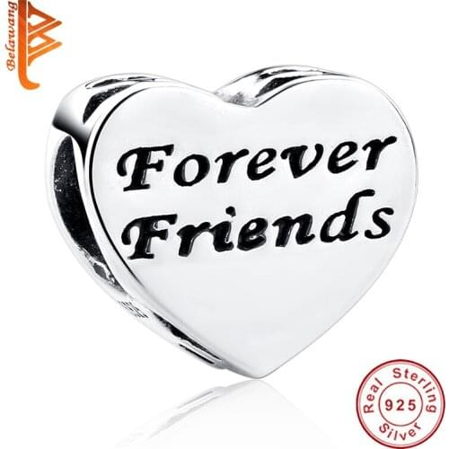 BELAWANG 925 Sterling Silver Cubic Zirconia Forever Friends Love Heart Shape Charm fit Bracelet&Bangle Original Jewelry