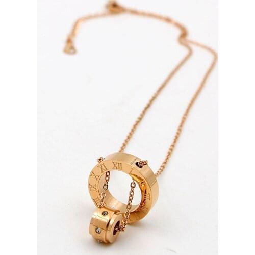Free Shipping Roman Numerals Big & Small Double Circles Rose Gold Colour Stainless Steel Necklace