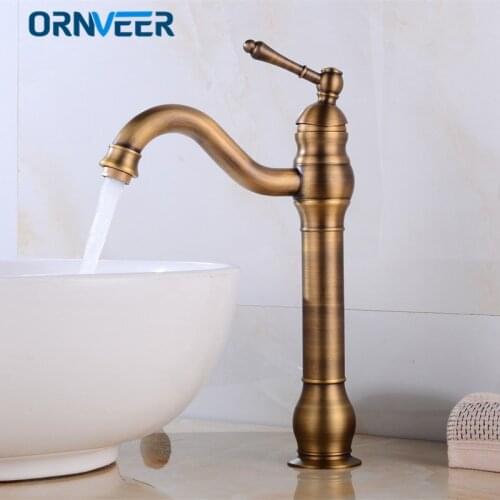 Free Shipping Tall Antique Brass Bathroom Faucet Single Hole Brass Basin Sink Mixer Tap