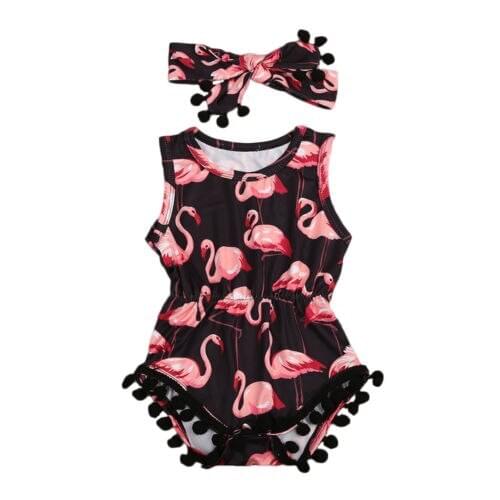 Toddler Baby Girl Sleeveless Bodysuit Hairband 2pcs Jumpsuit Outfits Flamingo Sunsuit Size 0-24M