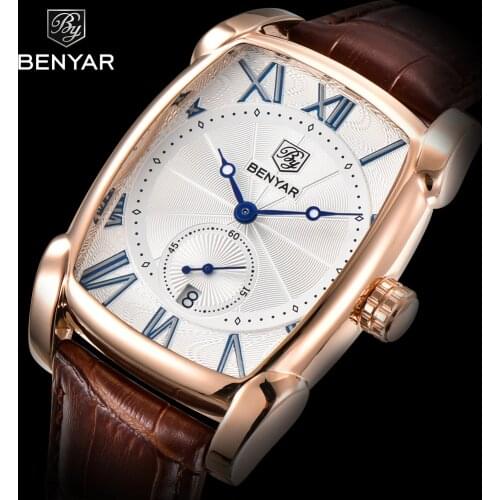 Business Men Watch Men Waterproof Leather Rectangle Quartz Wristwatch Male Clock Relogio Masculino BENYAR Brand