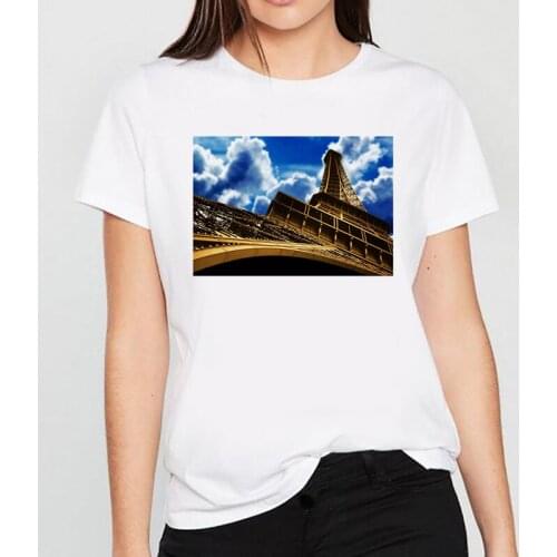 Eiffel Tower Print T shirt Women Fashion Tshirt O neck Short Sleeve Harajuku T shirt White Tops Female Tops