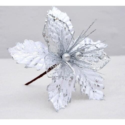 22CM Flower Head Glitter Artificial Silk Flower Christmas Tree Ornament DIY Christmas Decoration New Year Decor Navidad 2020
