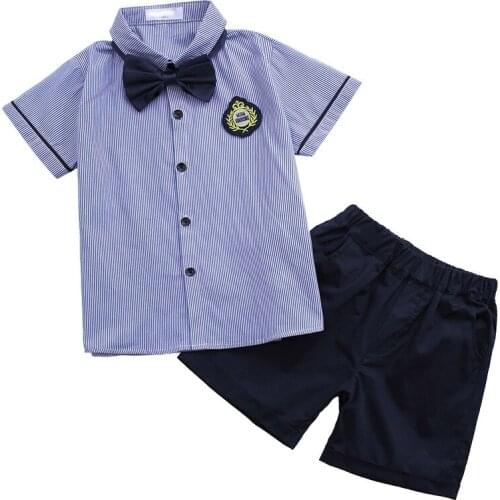 Boys and girls summer new casual suit Childrens short sleeve shirt shorts suit Childrens striped bow decoration two-piece
