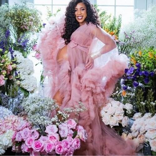 Pretty Dusty Pink Ruffles Tulle Long Robe For Maternity Picture Shoot Puffy A-line Plus Size Long Prom Gowns Pregnant Dress