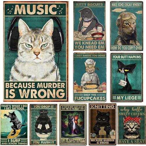 Cool Cat Surf Bake Knit Listen Music Play Piano Read Book Retro Vintage Signs Decoration Wall Decor Metal Plate Poster Tin Sign