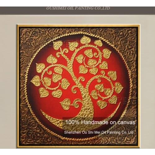 Fashion texture oil painting bodhi leaves wallpaper for hotel decor handmade red circle abstract rich tree painting on canvas