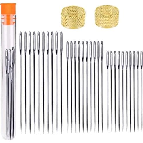 Nonvor 30 PCS Large Eye Stitching Needles Embroidery and Thimble, Needle Storage Tube for Stitching Hand Sewing Tools