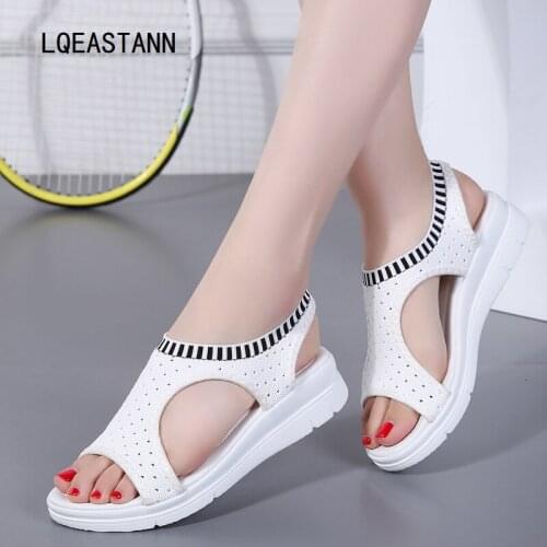 2020 Summer New Womens Sandals Fashion Breathable Increased Slope Heel Ladies Sandals Non-Slip Elastic Band Flat Sandals 35-43