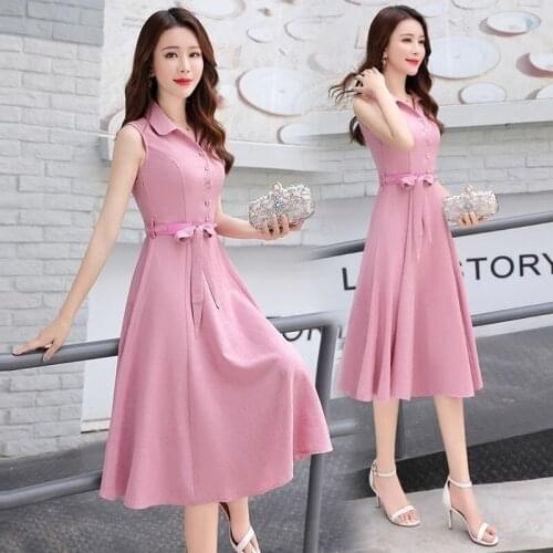 Solid Sleeveless Casual Dress Women Turn-down Collar Slim Fit Lace-up Draped Office Ladies Summer Dresses Large Size 4XL Y352