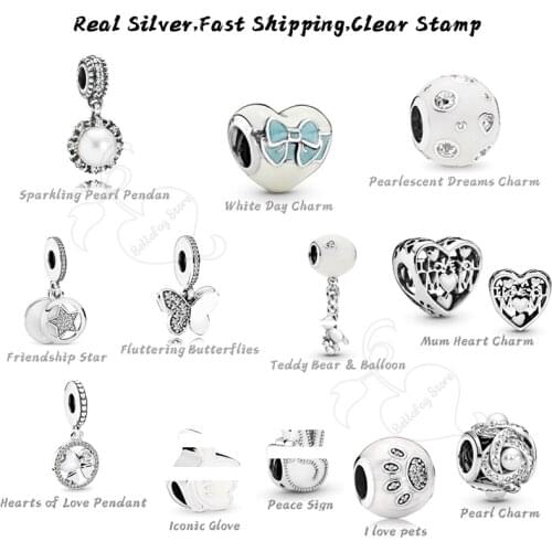 Real 925 Silver Butterflies Dangles Teddy Bear Balloon Charms Fits Pdoras Bracelets Bangles Women Jewelry DIY Beads