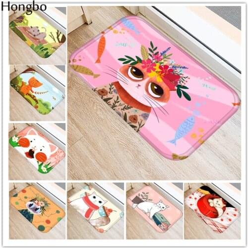 Hongbo Durable Entrance Door Mats Funny Lovely Cartoon Cat Pattern Rugs Flannel Kitchen Bedroom Carpet