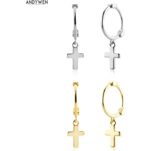 ANDYWEN 925 Sterling Silver Gold Small Cross Charm Pendiente Drop Earring Women Fashion Fine Jewelry Clips Luxury Gift Wedding