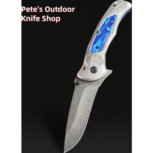 Stainless Steel Stone Wash Folding Knife Ghost Head Embossed Sapphire Aluminum Handle Sharp TOOL Knifes Suitable Collection Gift