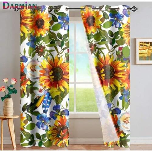 DARMIAN Navy Blue Yellow Orange Watercolor Sunflower Floral Blackout Curtain Home Grommet Curtain Thermal Insulated Window Drape