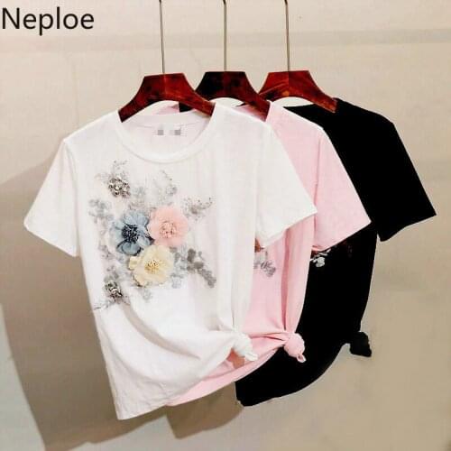 Neploe Embroidery Appliques 3D Flowers T Shirts Women 2021 Summer Fashion O Neck Short Sleeve Tops Korean Plus Size Tees 1D294