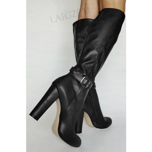 LAIGZEM Women Knee High Boots Zip Up Chunky Thick Heels Boots Handmade Zapatos Mujer Ladies Shoes Woman Large Size 40 44 45 52
