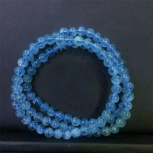 Natural Genuine Blue Ocean Crystal Stone Women Ladies Round Bead Three-laps Bracelet 5.5MM