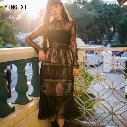 YING XI 2020 New Spring Black Lace Women Dress Turn-down Collar Long Sleeves Waist-controlled With Sashes Long Style Dress