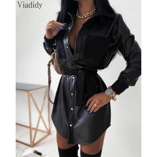 Women Patchwork Pocket Design Long Sleeve Button-down Shirt PU Dress