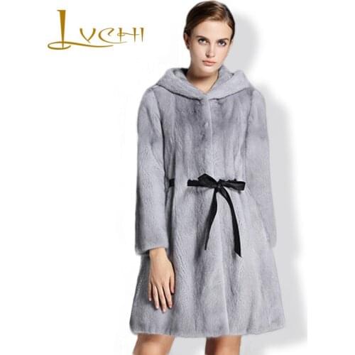 LVCHI 2019 New Style Denmark Womens Real Fur Coats Women tunic jacket Fashion Long Fur Leather Hat Mink Robe Femme coat