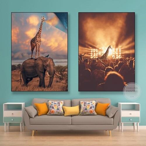 Giraffes Glowing on Elephants Prints Funny Animal Posters Creative Wall Art Canvas Paintings Living Bedroom Lounge Study Decor