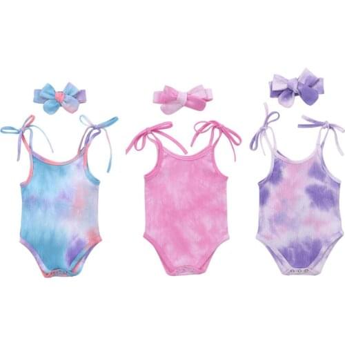 2Pcs Toddler Infant Baby Clothes Baby Boy Girls Cotton Sleeveless Romper Jumpsuit Headband Fashion Tie-dye Outfit Clothes