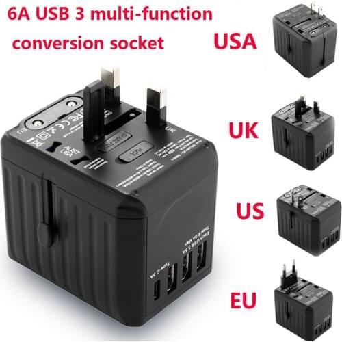 6A 3 USB travel plug adapter EU/UK/US/Europe multi-function plug socket suitable for mobile phone, laptop, camera charger