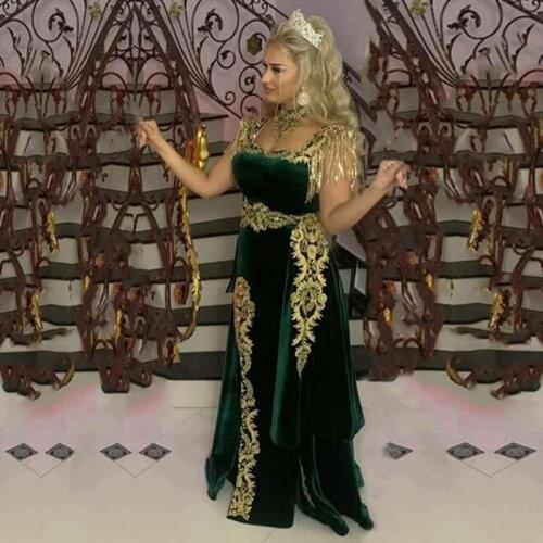 Arabic Evening Dress with Detachable Skirt Gold Appliques Green Morocco Kaftan Mermaid High Neck Velvet Prom Party Gown