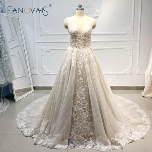 Champagne Ball Gown Wedding Dress 2019 Deep V Lace Beading Luxury Bridal Gowns Long Train vestido de novia robe de mariee