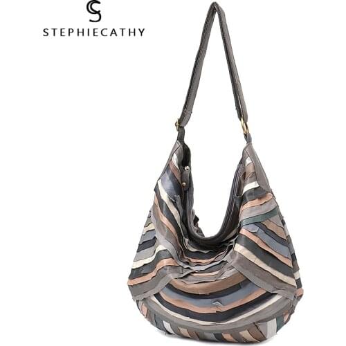 SC Large Brand Vintage Shoulder Bags For Women Genuine Sheep Leather Patchwork Hobos Soft Colorful Joint Crossbody Handbag Purse