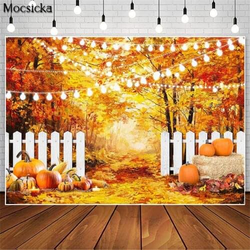 Autumn Oil Painting Maple Forest Backdrop Kids Birthday Cake Smash Photography Background Photo Studio Pumpkin Fence Decoration