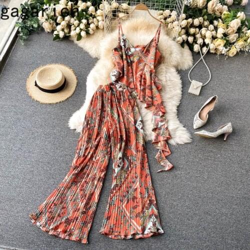 Gagarich Women Set 2021 Spring Summer French Vintage Temperament Female Ruffle Print Design Sling Top Pleated Wide-Leg Pants