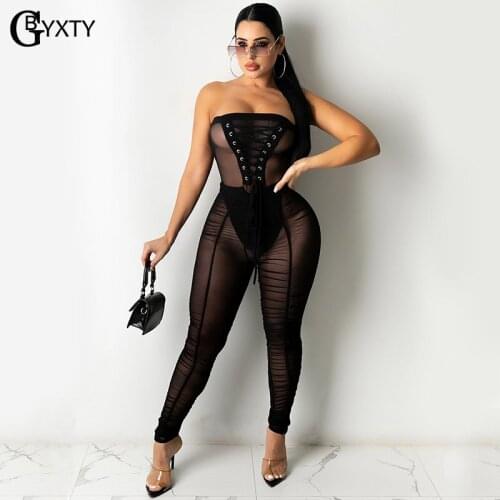 GBYXTY Sexy See Through See Mesh Strapless Jumpsuit Night Club Outfits Women Bandage Lace Up Skinny Jumpsuit Overalls ZL1238
