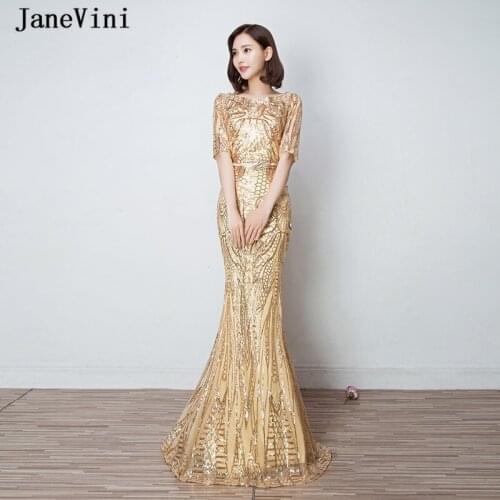 JaneVini Sparkle Sequined Gold Mermaid Formal Evening Dresses 2019 Scoop Neck Half Sleeves Sexy Long Party Gowns Robe De Soiree