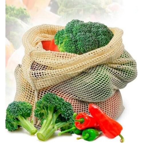 Reusable Cotton Mesh Produce Bags for Vegetable Fruit Kitchen Reusable Washable Grid Storage Bag With Drawstring 3 Sizes