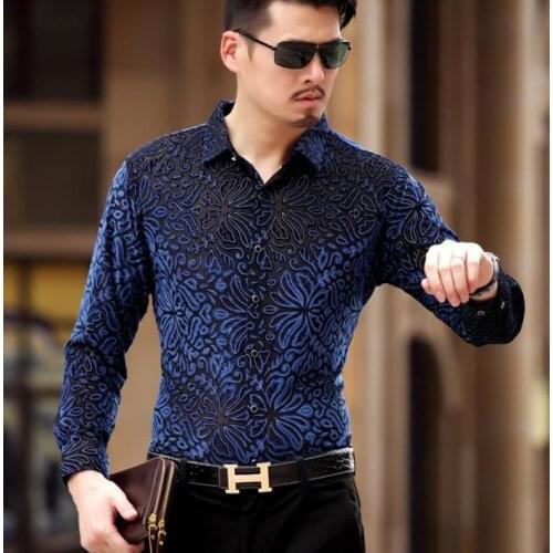 Trendy Top Fashion Luxury Mens Silk Formal See Through Velvet Shirt Slim Fit Thin Sexy Dress Shirts Drop Shipping