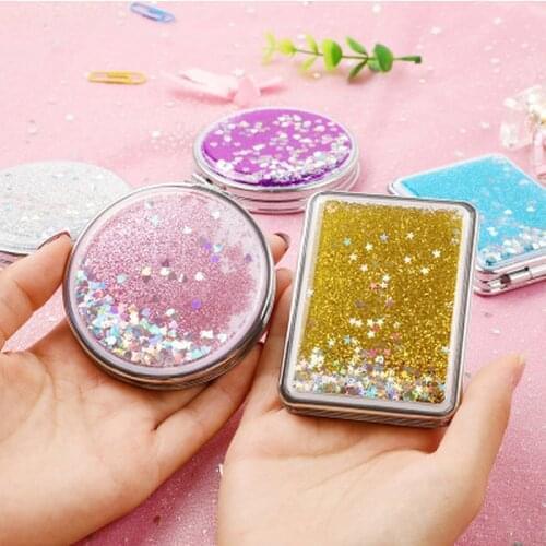 CSHOU110 Fashion Mini Pocket Makeup Mirror Creative Cosmetic Compact Mirrors with Flowing Sparkling Sand Can Wholesale Lettering