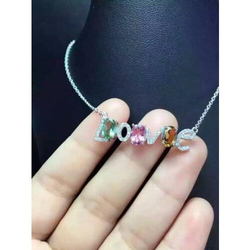 Natural multicolor tourmaline Necklace natural gemstone Pendant Necklace S925 silver Romantic letters lovewomen Jewelry