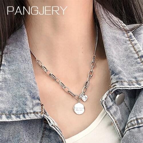 PANGJERY 925 Sterling Silver Chain Necklaces for Women INS Fashion Simple Luck LOVE Heart Label Engagement Fine Jewelry Gifts